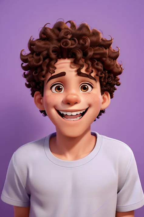 a close up of a young boy with curly hair smiling, happy kid, young boy, small wide smile, happy grin, beautiful and smiling, playful smile, boy with neutral face, funny, purple skin color, curly afro, mischievous grin, smiling playfully, brown skin man wi...