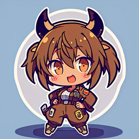 cute brown skinned short stack horned cow girl in a fallout jumpsuit logo