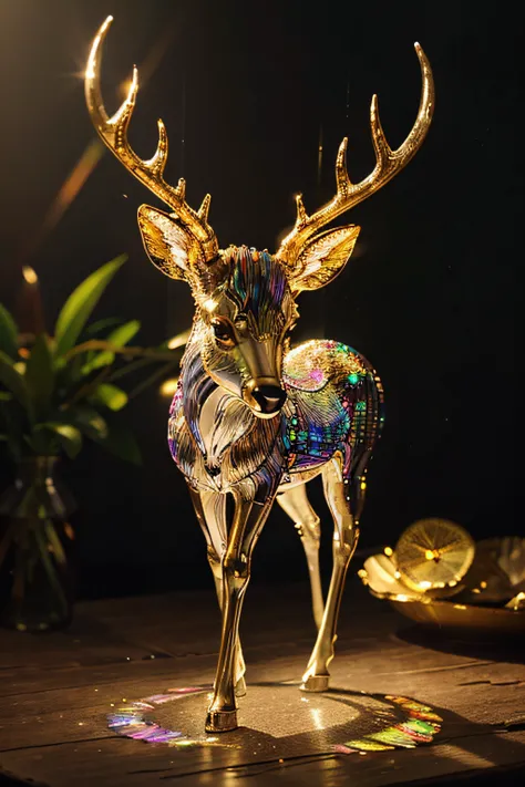 extremely delicate iridiscent deer made of glass, translucent, tiny golden accents, beautifully and intricately detailed, ethereal glow, whimsical, art by Mschiffer, best quality, glass art, magical holographic glow