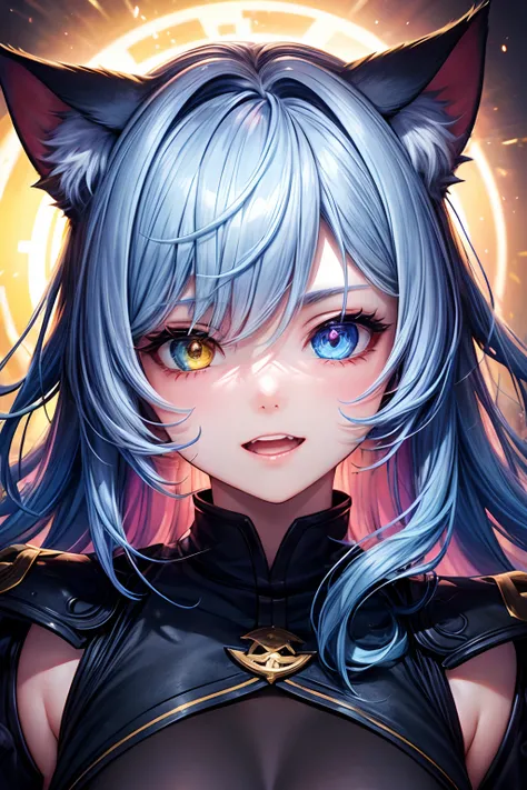 Top quality, high resolution, perfect human structure, background focus, front view, seven-color hair, glowing hair, cat ears, heterochromia, teeth, ling, living, bed, shining hair, gradient eyes,