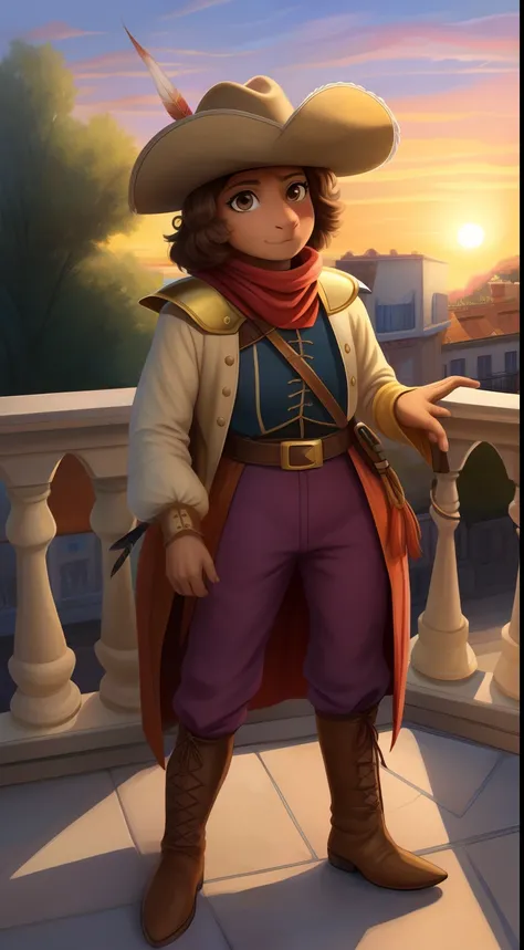 1goat,feminine,woman,young,masterpiece,best quality,beautiful details,terrace balcony,sunrise,garden,beautiful lighting,the minuscule task art style,musketeer clothing,light brown boots,pink leggings,jacket gold color with purple shoulder pads, red scarf o...