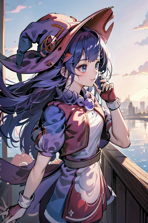 mast, Best quality, 1 girl, Mona  (Genshin Impact), twin-tail hair, Blue eyes, Long hair, Witch hat, Hair accessories, Looking at the audience, From the side