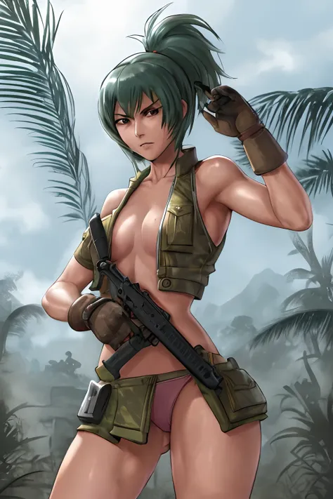 masterpiece,high quality,vest and panty,naked,serious,sexy pose,military,desert.Cammo,Sun,hot,guerrilla,tropical,wetting,leona heidern.