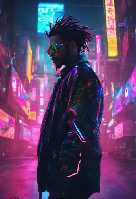 ((masculine)), ((1boy)), black dreadlocks, brown skin, black eyes, cowboy shot, ((ultra detailed neon cyberpunk futuristic city )), detailed and intricate ((cyberpunk city streets background)), featuring high-tech holographic projections and sleek architec...