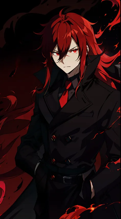 one guy, wearing black overcoat, red long hairs, red eyes, flame aura