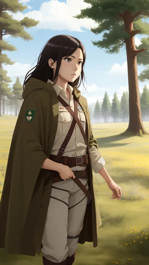 A female attack on titan character in WIT studios screen cap. She has brown skin. She has long dark brown straight hair. She has dark brown eyes. She is wearing a scouts uniform and green cloak. Shes standing in a meadow with a forest in the background and...