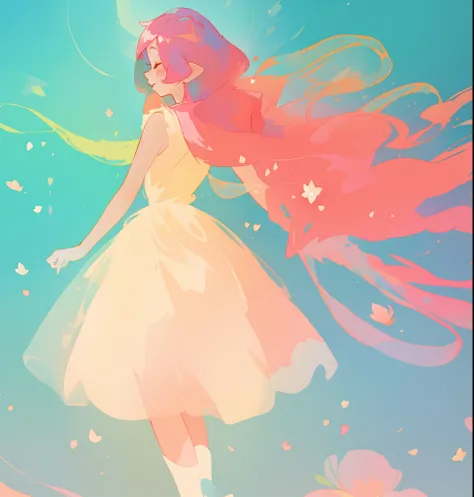 beautiful girl in white puffy tutu dress, long flowing pink peach hair, colorful fantasia background, watercolor illustration, disney art style, beautiful digital illustration, fantasia otherworldly landscape plants flowers, beautiful, masterpiece, best qu...