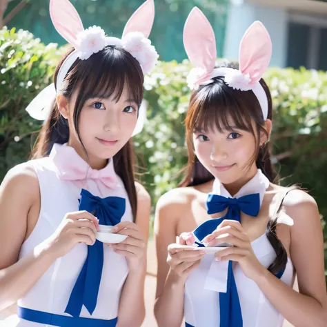 Two beautiful girls　Pink rabbit ornaments　Blue ribbon on white collar　Glossy pale blue swimsuit　Maids　エロ