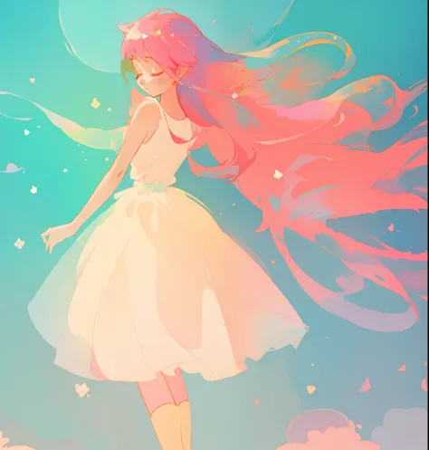 beautiful girl in white puffy tutu dress, long flowing pink peach hair, colorful fantasia background, watercolor illustration, disney art style, beautiful digital illustration, fantasia otherworldly landscape plants flowers, beautiful, masterpiece, best qu...