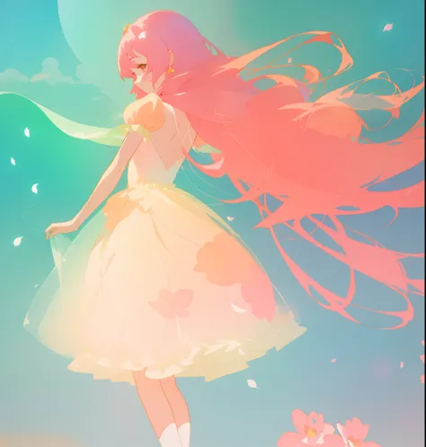 beautiful girl in white puffy tutu dress, long flowing pink peach hair, colorful fantasia background, watercolor illustration, disney art style, beautiful digital illustration, fantasia otherworldly landscape plants flowers, beautiful, masterpiece, best qu...