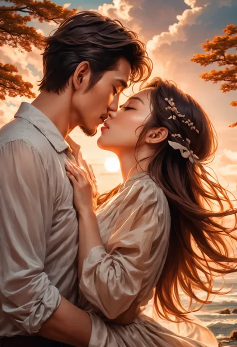 Romantic couple kissing in the wind，filmposter，poster for，charact，Huge, Eye-catching headline text,English text， Badge in English, The title is in English, english text, English kanji