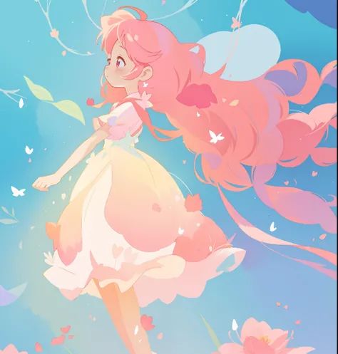 beautiful girl in white puffy tutu dress, long flowing pink peach hair, colorful fantasia background, watercolor illustration, disney art style, beautiful digital illustration, fantasia otherworldly landscape plants flowers, beautiful, masterpiece, best qu...