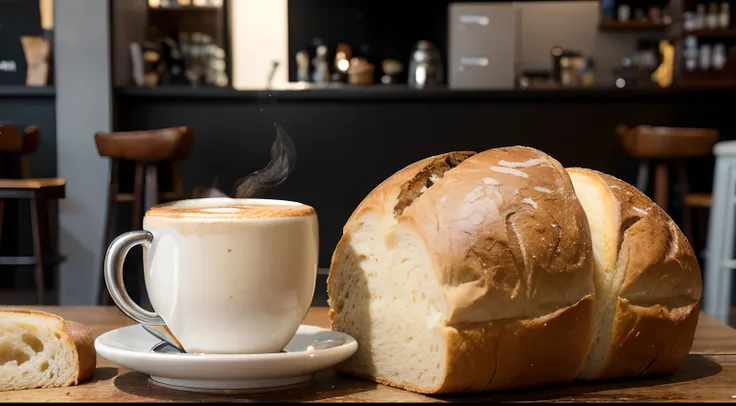 a hyper realistic photography of a coffee and bread in Melbourne, Australia, no people, Nikon D850 DSLR 4k camera, 100mm lens, F 1.2 aperture setting, bright and natural lighting, vibrant, fun and relaxing atmosphere