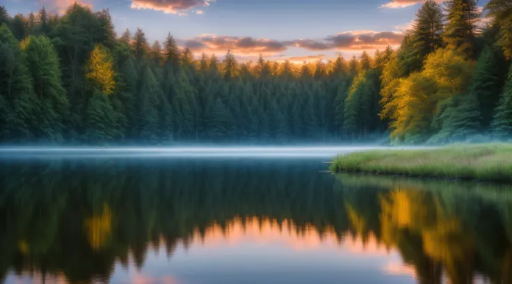 wallpaper, summer, lake, dawn, forest, detailed forest, clouds, masterpiece, cinematic, soft light, depth of field, ray tracing, reflection in water, realism, ulra detailed,