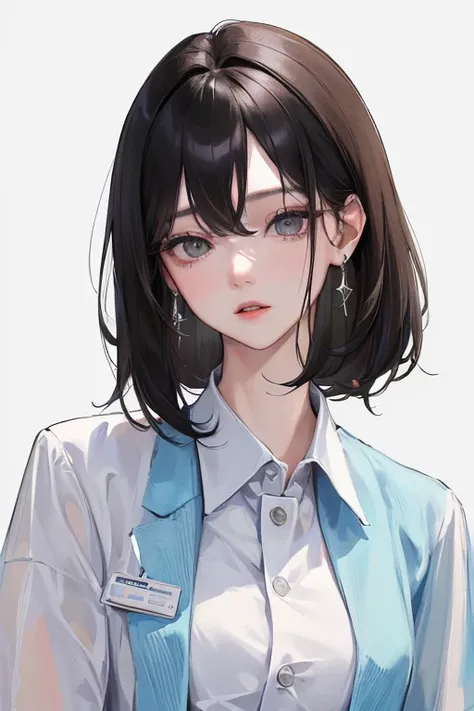 (Top resolution、Distinct_image)top-quality、femele、​masterpiece、ighly detailed、Semi-realistic、Black short hair、Dark hair、grey  eyes、bangss、25-years old、Mature、年轻、Exquisite facial features、Facial features,Casual clothing、Nurse、healthcare