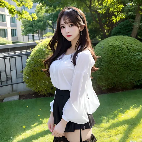 hight resolution,masutepiece,Best Quality,Extremely detailed, hyper realisitic, girl with, from below, hair wavy, Dont make eye contact with the camera,Black lace skirt, white shirt,arms Avert your eyes, profile, Very beautiful cute,a miniskirt, 8K Wallpap...