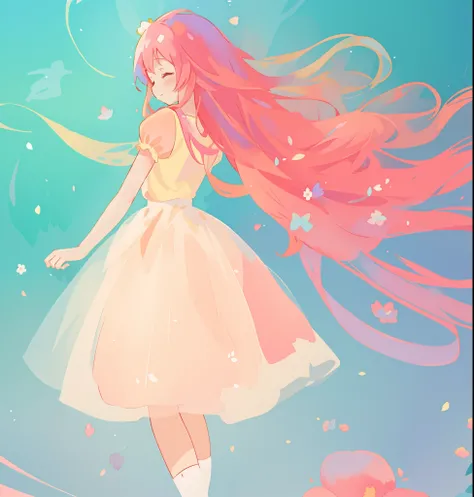 beautiful girl in white puffy tutu dress, long flowing pink peach hair, colorful fantasia background, watercolor illustration, disney art style, beautiful digital illustration, fantasia otherworldly landscape plants flowers, beautiful, masterpiece, best qu...