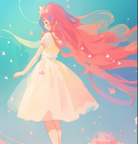 beautiful girl in white puffy tutu dress, long flowing pink peach hair, colorful fantasia background, watercolor illustration, disney art style, beautiful digital illustration, fantasia otherworldly landscape plants flowers, beautiful, masterpiece, best qu...