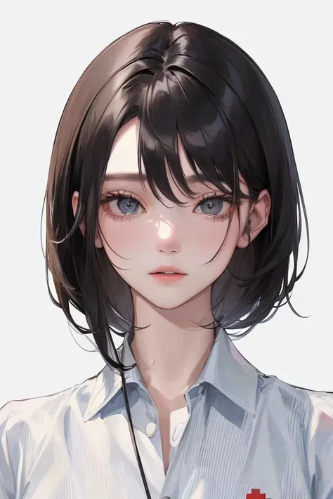 (Top resolution、Distinct_image)top-quality、femele、​masterpiece、ighly detailed、Semi-realistic、Black short hair、Dark hair、grey  eyes、bangss、25-years old、Mature、年轻、Exquisite facial features、Facial features,Casual clothing、Nurse