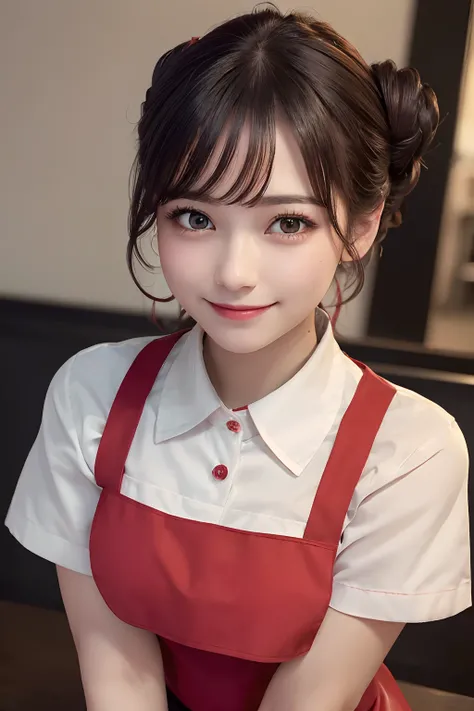 ((best quality, 8K, masterpiece)), ultra detailed, sharp focus, 1 cute girl, ((red apron:1.4)), (updo:1.4), (simple collared shirts:1.4), highly detailed face and skin texture, ((detailed eyes)), ((beautiful black eyes:1.2)), (smile:1.15), (closed mouth), ...