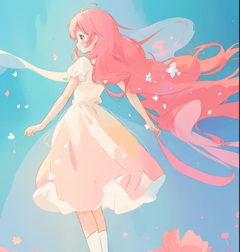 beautiful girl in white puffy tutu dress, long flowing pink peach hair, colorful fantasia background, watercolor illustration, disney art style, beautiful digital illustration, fantasia otherworldly landscape plants flowers, beautiful, masterpiece, best qu...