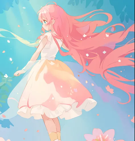 beautiful girl in white puffy tutu dress, long flowing pink peach hair, colorful fantasia background, watercolor illustration, disney art style, beautiful digital illustration, fantasia otherworldly landscape plants flowers, beautiful, masterpiece, best qu...