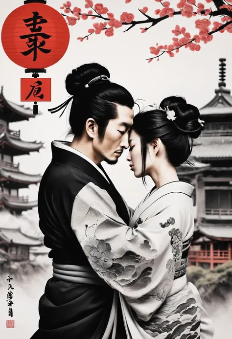 Romantic couple kissing in the wind，filmposter，poster for，charact，Huge eye-catching Chinese text，Japan characters，a close up of a black and white picture of a chinese character, with white kanji insignias, Title kanji, japanese text kanji, kanji tattoos an...