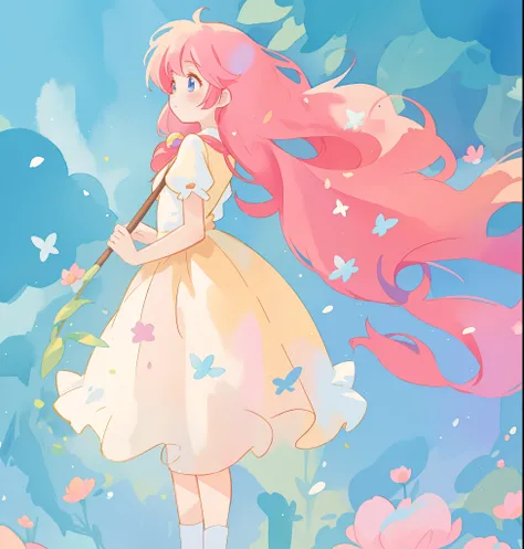 beautiful girl in white puffy tutu dress, long flowing pink peach hair, colorful fantasia background, watercolor illustration, disney art style, beautiful digital illustration, fantasia otherworldly landscape plants flowers, beautiful, masterpiece, best qu...