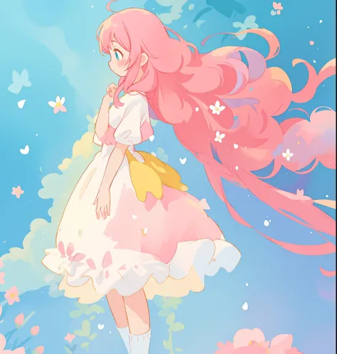 beautiful girl in white puffy tutu dress, long flowing pink peach hair, colorful fantasia background, watercolor illustration, disney art style, beautiful digital illustration, fantasia otherworldly landscape plants flowers, beautiful, masterpiece, best qu...