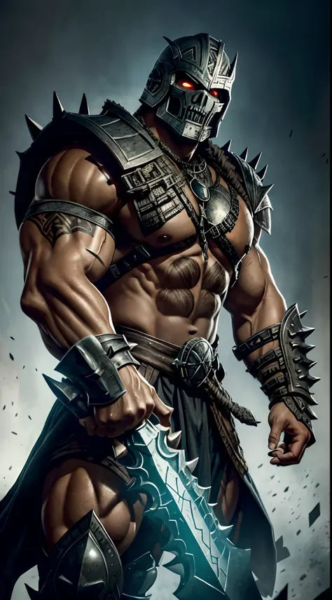 th3r0ck as Shao Kahn from Mortal Kombat, wears imposing battle armor adorned with skulls, spikes, and other intimidating details, armor dark in color, his helmet covers most of his face, with glowing eyes shining through the eye sockets, wields a large war...