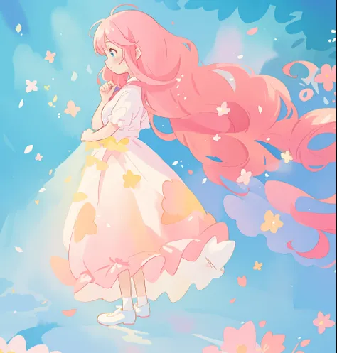 beautiful girl in white puffy tutu dress, long flowing pink peach hair, colorful fantasia background, watercolor illustration, disney art style, beautiful digital illustration, fantasia otherworldly landscape plants flowers, beautiful, masterpiece, best qu...