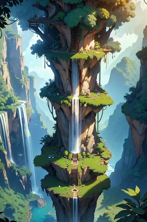 Masterpiece, best quality, (extremely detailed CG unity 8k wallpapers), (best quality), (best illustrations), (best shadows), land suspended in the air with vines on the base , with tropical rainforest on both sides, with waterfalls falling from above, iso...