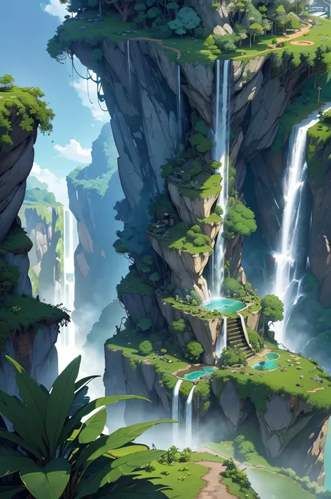 Masterpiece, best quality, (extremely detailed CG unity 8k wallpapers), (best quality), (best illustrations), (best shadows), land suspended in the air with vines on the base , with tropical rainforest on both sides, with waterfalls falling from above, iso...