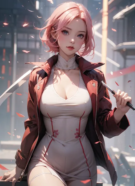 Sakura Haruno, Seductive, ((forehead to show)), Attractive, Sexy eyes, Red coat, Pink hair, Delicate, 年轻, Short hair, Detailed face, High Definition, Full body, from league of legends, Trending in art stations, by RHADS, Andreas Rocha, rossdraws, By Shinka...