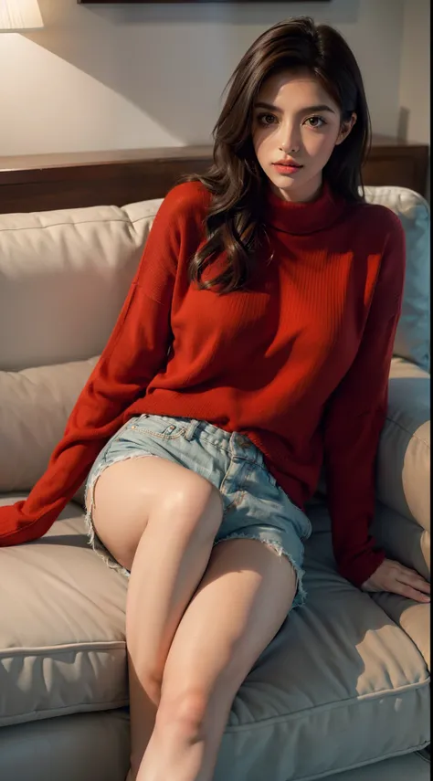 1 hermosa mujer sentada,  on a cozy couch,Cruce de piernas,Luz suave, Red sweater, shorts blancos