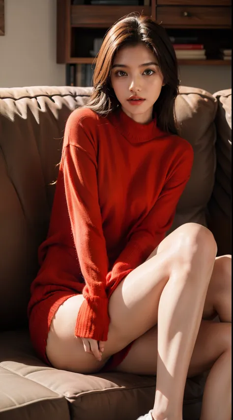 1 hermosa mujer sentada,  on a cozy couch,Cruce de piernas,Luz suave, Red sweater, shorts blancos