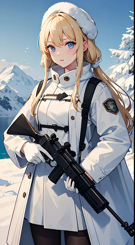 {{2 girls}}, blond, in snow mountain, fjord, white ushanka, White winter coat, white BDU, 1 girl holding rifle, 1 girl holding binoculars, (best quality, perfect quality), high resolution, looking afar, blizzard, {{{detailed rifle}}}