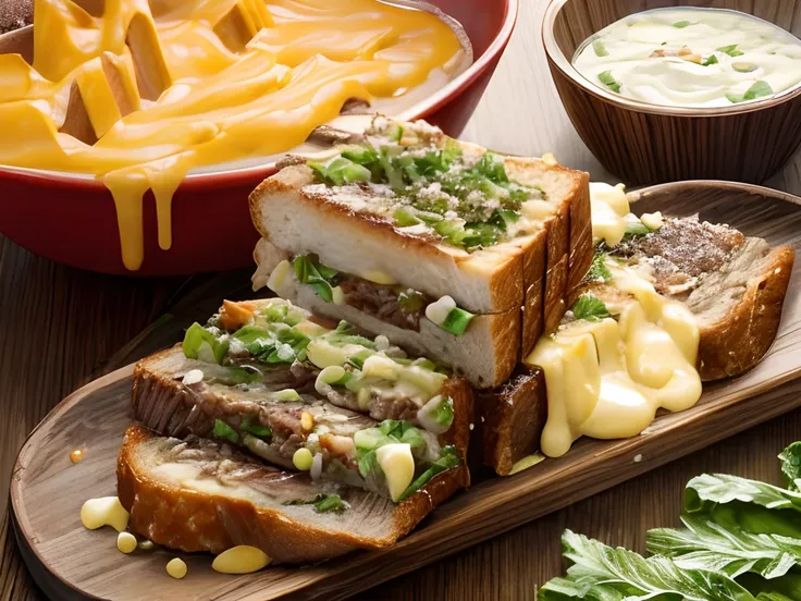 ((Toast bread)), ((beef slice)), beef, chili sauce, cheese sauce, mayonaise, (lettuce), (toamto)