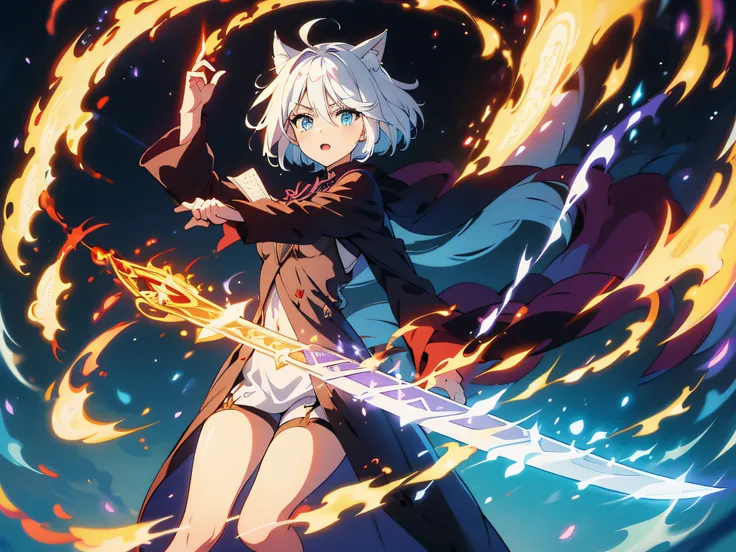 masterpiece, In a world where magic and technology exist side by side, a girl with cat ears (white hair, short hair) sets out on a journey to hone their skills and uncover the secrets of their powers, beautiful eyes finely detailed. The mage must learn to ...