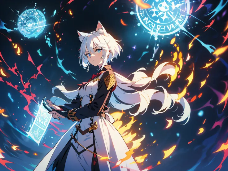 masterpiece, In a world where magic and technology exist side by side, a girl with cat ears (white hair, short hair) sets out on a journey to hone their skills and uncover the secrets of their powers, beautiful eyes finely detailed. The mage must learn to ...