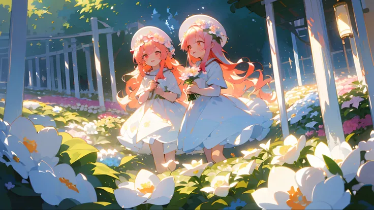 ((​masterpiece,top-quality)),Cinematographic lighting,Little 3 Girls,Colorful,glowing lights,Colorful hair with glistening waves,Voluminous hair,fluffy hair,beautiful digital illustrations, ((Run through the flower garden)),A child full of smiles,Flower ga...