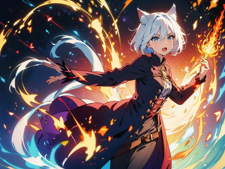 masterpiece, In a world where magic and technology exist side by side, a girl with cat ears (white hair, short hair) sets out on a journey to hone their skills and uncover the secrets of their powers, beautiful eyes finely detailed. The mage must learn to ...