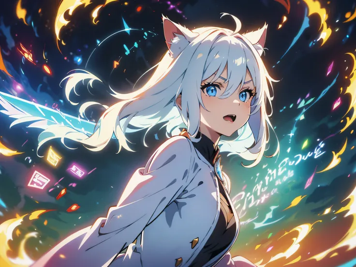 masterpiece, In a world where magic and technology exist side by side, a girl with cat ears (white hair, short hair) sets out on a journey to hone their skills and uncover the secrets of their powers, beautiful eyes finely detailed. The mage must learn to ...