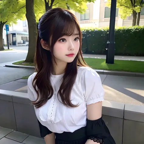 hight resolution,masutepiece,Best Quality,Extremely detailed, hyper realisitic, girl with, wide shot, hair wavy, in town, Dont make eye contact with the camera,Black lace skirt, white shirt,arms Avert your eyes, profile, Very beautiful,cute,a miniskirt, 8K...