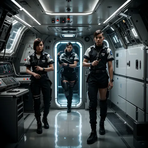 Space station crew members futuristic scifi interior clean sterile interior punk style crew members