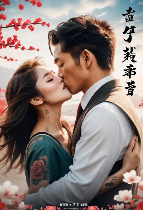 Romantic couple kissing in the wind，filmposter，poster for，charact，Huge eye-catching English text，English text，Close-up of English picture, A badge with white English letters, English title, English text Chinese characters, English word tattoos and decals, ...