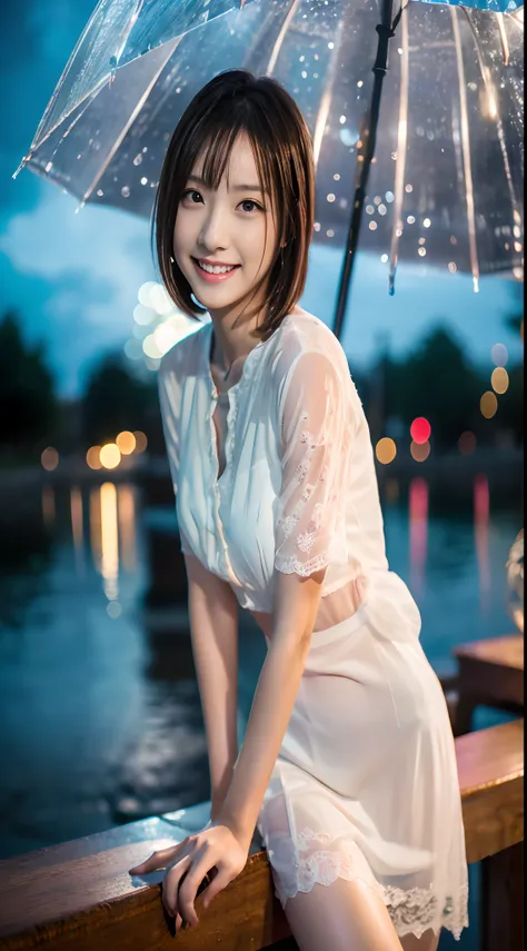 (8K, Best Quality, masutepiece:1.2), (Realistic, Photorealsitic:1.37), Ultra-detailed,((( 1 girl))),Solo,Beautiful detailed sky,Detailed Cafe,Night,Sitting,Dating,(nose blush),(Smile:1.15),(Closed mouth) Beautiful detailed eyes,(Shirt:1.1), Night, Wet, Rai...