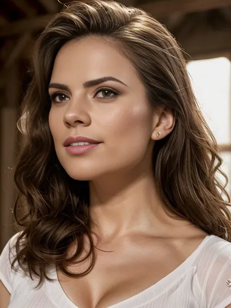 Estilo RAW, Obra maestra, La mejor calidad, Ultra detallado), Hayley Atwell (Thirty year old) Cuerpo completo desde abajo, Intimate Wear, collar de cuero, (Camisa desmenuzada: 1.8), (Minifalda rasgada: 1.8), sonriente, (Hermosos ojos: 1.3) Luz natural,((La...