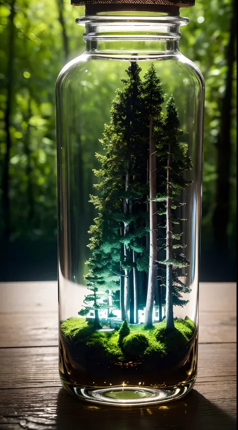 (Intricate forest mini town landscape trapped in a bottle), Atmospheric Oliva lighting, On the table, 4K ultra HD, Dark vibes, ultra - detailed, Bright colors forest background, Epic composition, rendering by octane, Sharp focus, High-resolution isometrics