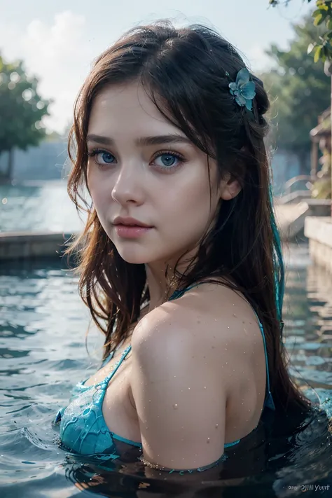 Faraway view，full bodyesbian，Long-haired girl floating in water, Aqua Eye, Stunning face, Guviz-style artwork, The beautiful, beauitful face, Guviz, Watery eyes, Detailed digital art, Digital art, Beautiful artwork, Loish et WLOP, blue watery eyes, Beautif...